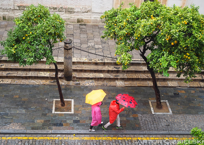 Some of the few people wandering around the city as it rained.